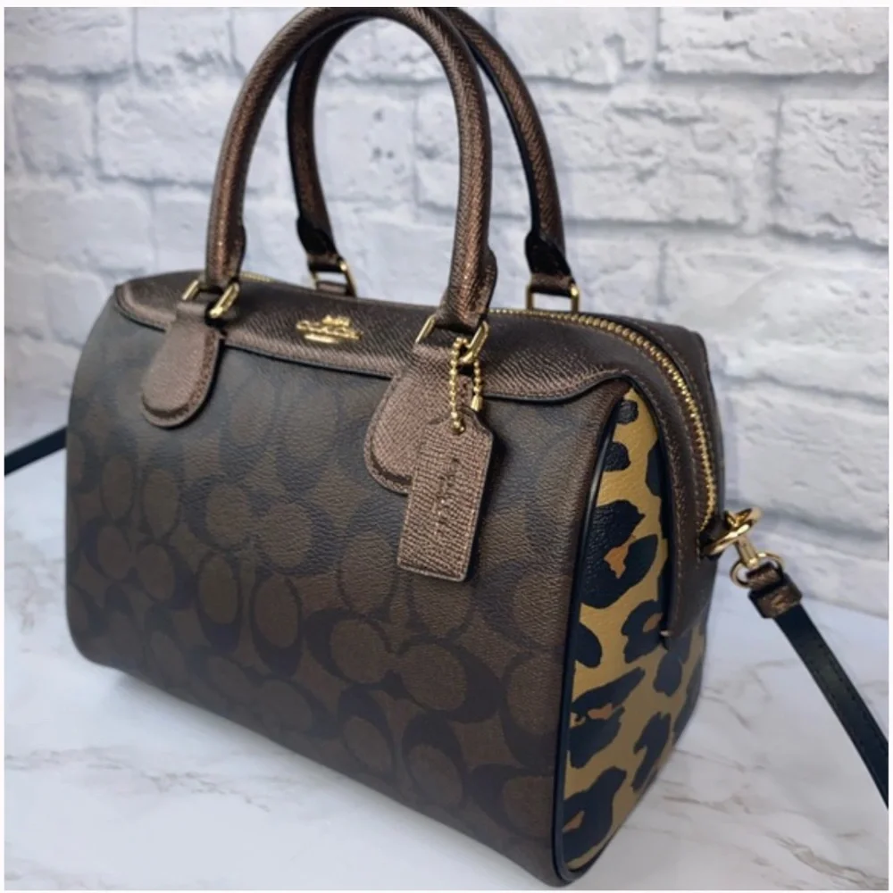 Coach Brown Signature Canvas Satchel with Leopard Accent